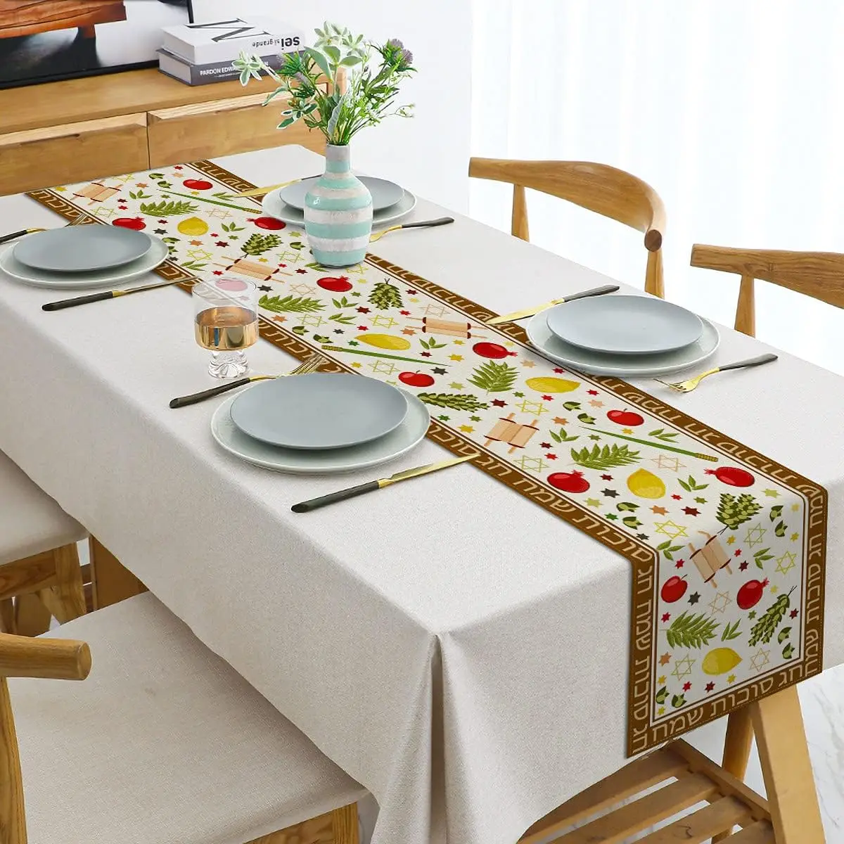 عداء طاولة من الكتان سعيد سوكوت ، ديكور حفلة الأعياد ، إيتروج لولاف ، العبرية ، الحصاد اليهودي ، عداء طاولة الطعام بالمطبخ ، ديكور الزفاف #5