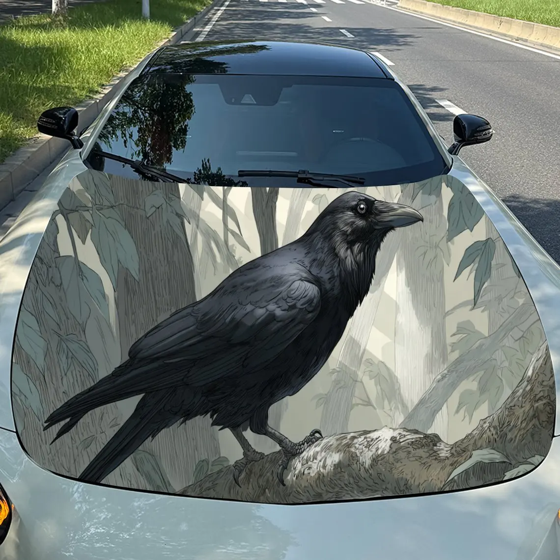 

Dark Raven Forest Adventure PVC Car Engine Hood Vinyl Wraps, Self-Adhesive Waterproof Car Hood Decal Sticker, Car Decoration Pro