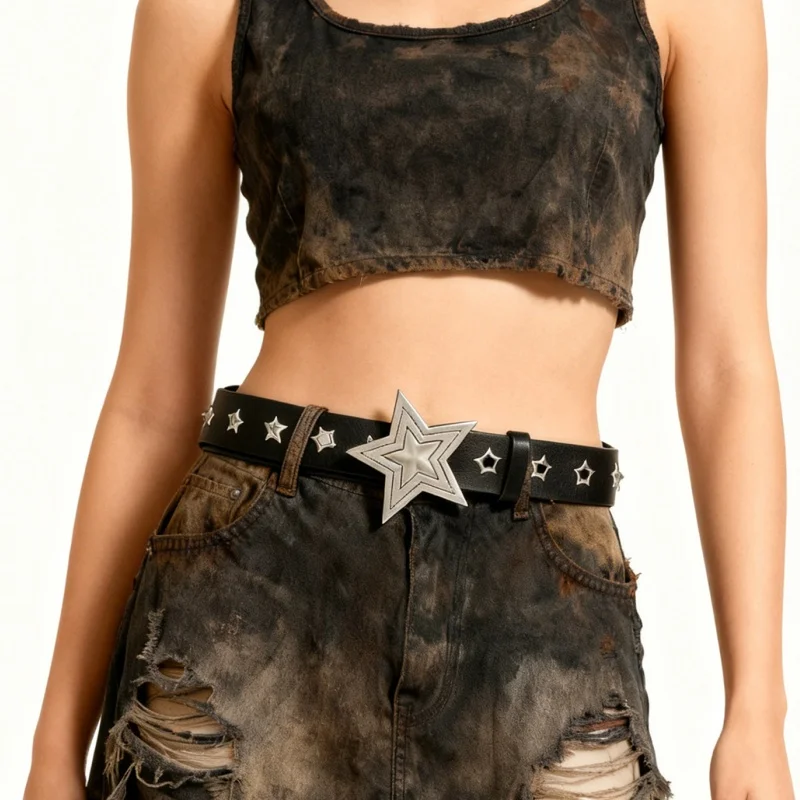 Y2K Cowgirl Star Metal Buckle Leather Belt Women Punk Streetwear Waistband For Jeans Dress Casual Decor