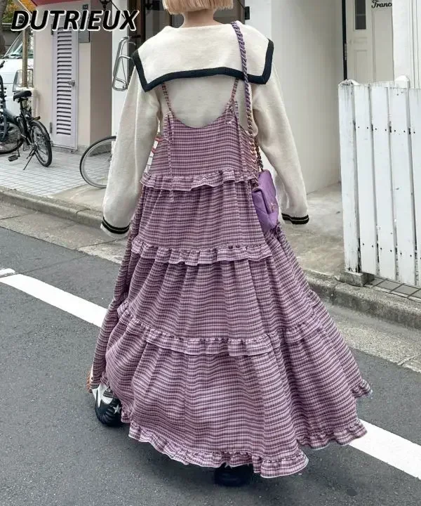 Vestido longo retrô estilo japonês feminino, saia solta sem mangas, alça ajustável de cinta de espaguete, vestido de babados em camadas, combina com tudo