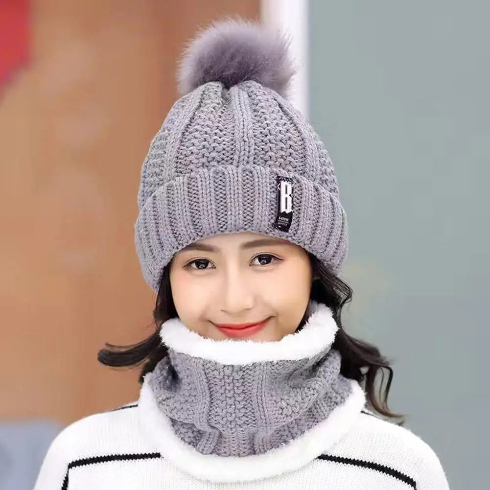 2PCS winter warm knit hat set Winter hat thick plush windproof cold casual warm hat scarf