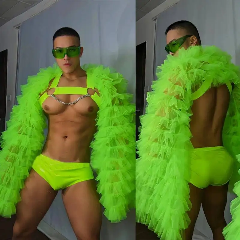 Disfraz de Bailarín de Discoteca DS DJ Gogo para Hombre, Chaqueta de Mangas Abullonadas Verde Fluorescente, Pantalones Cortos, Atuendo Sexy para Pole Dance
