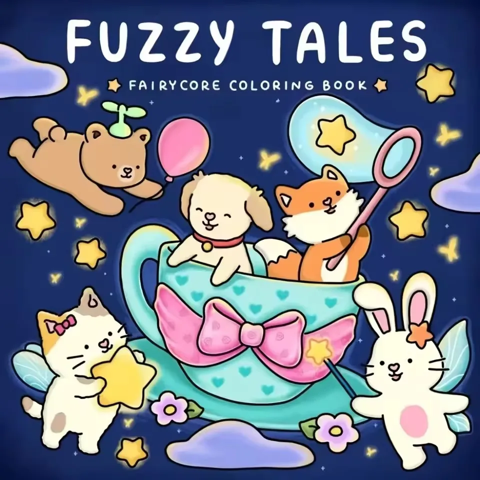 Книжка-раскраска Fuzzy Tales Fairycore для взрослых и подростков с очаровательными персонажами животных, раскраска «Нечеткие друзья»