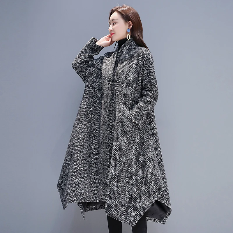 

New Autumn Winter Woolen Jacket Female Outerwear Korean Fashion Loose Cape Coat Women's Overcoat Mid-Llength Tweed Casual Tops