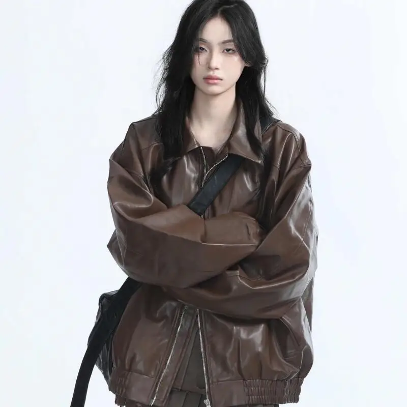 

Ретро-куртка в американском уличном стиле, черная кожаная, женская, весенне-осенняя, плотная, свободного кроя, в мотоциклетном стиле, модный уличный топ