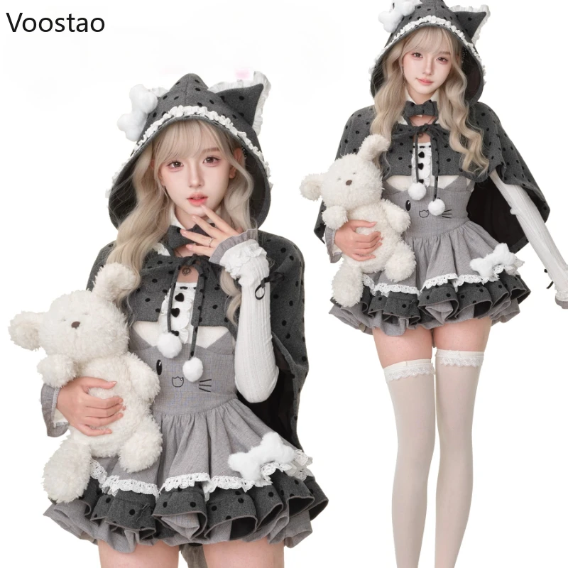 和風スイートロリータスタイル3点セット レディース カワイイブラウストップス フード付きケープコート 漫画風ミニストラップドレス ガールズ Y2K キュートスーツ