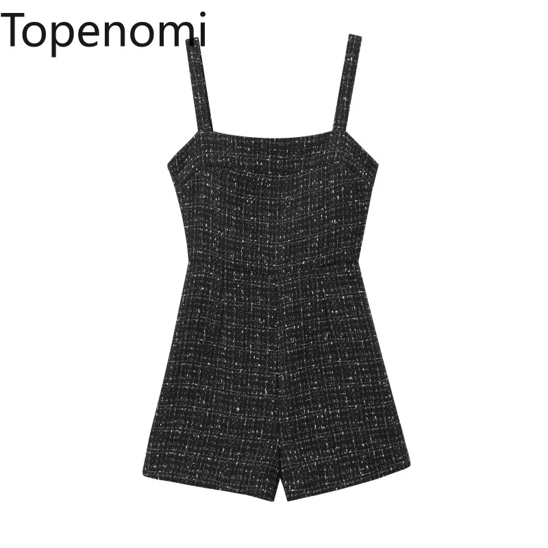 Topenomi Vintage Tweed Jumpsuit Women French Elegant Sleeveless Waist Slim Short Pants 2025 Fashion Sqaure Collar Black Romper