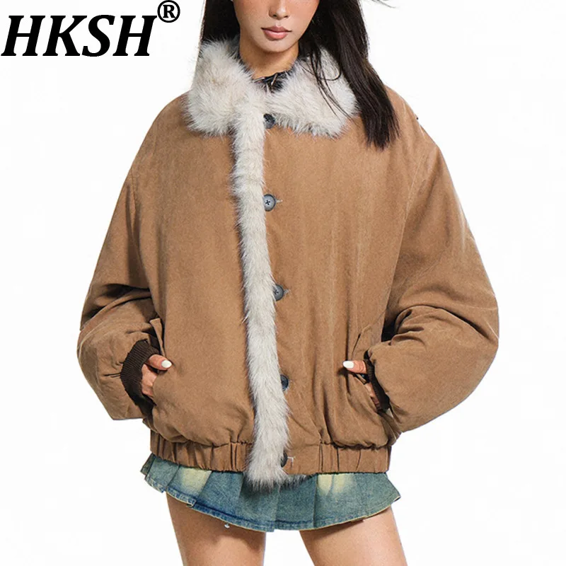 HKSH شتاء جديد المرأة سترة دافئة فو الفراء طوق واحدة الصدر الخصر Cinching كتلة اللون الرجعية رشاقته معطف مبطّن HK14706