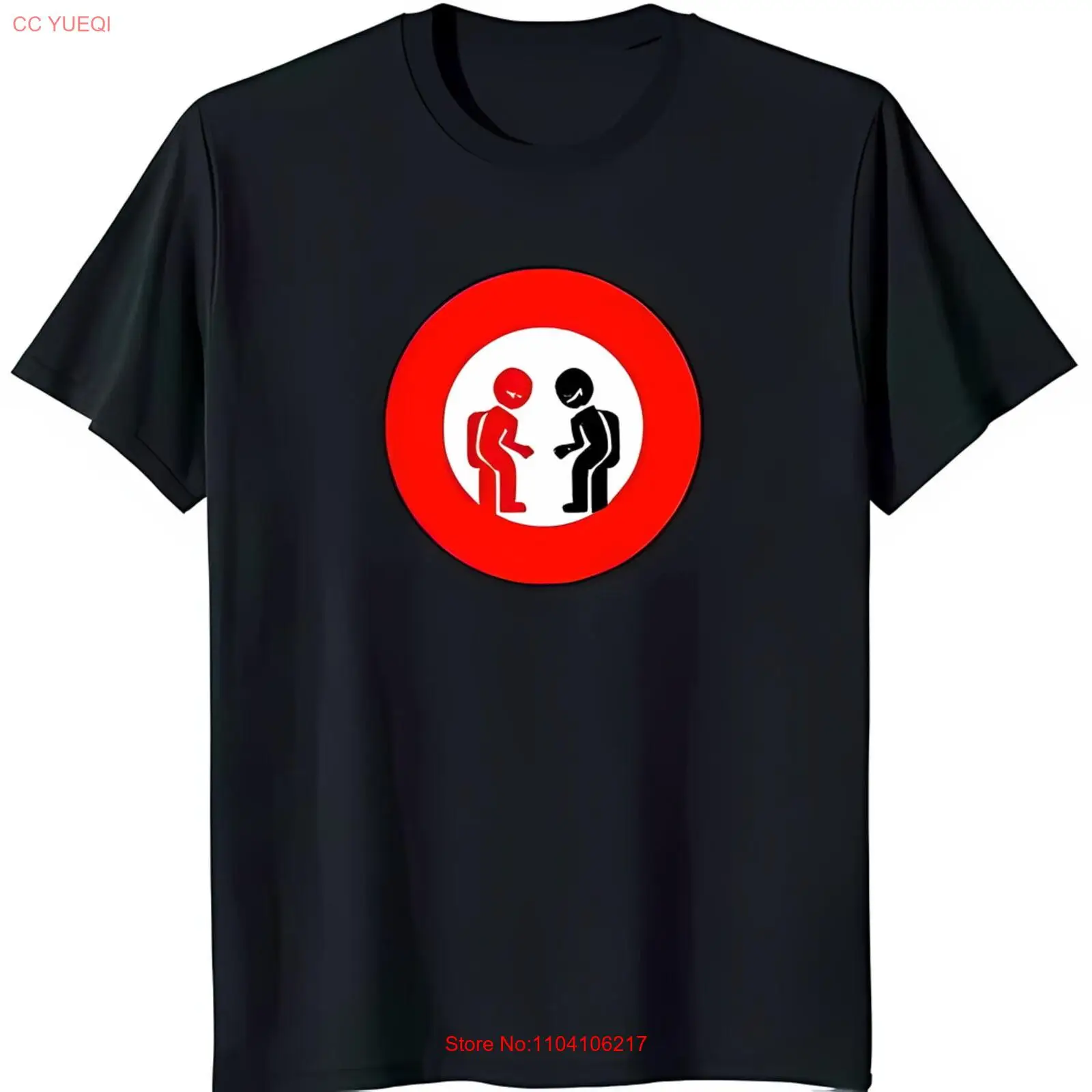 Black T-Shirt with Red Circle Design Featuring Red and Black Stick Figures