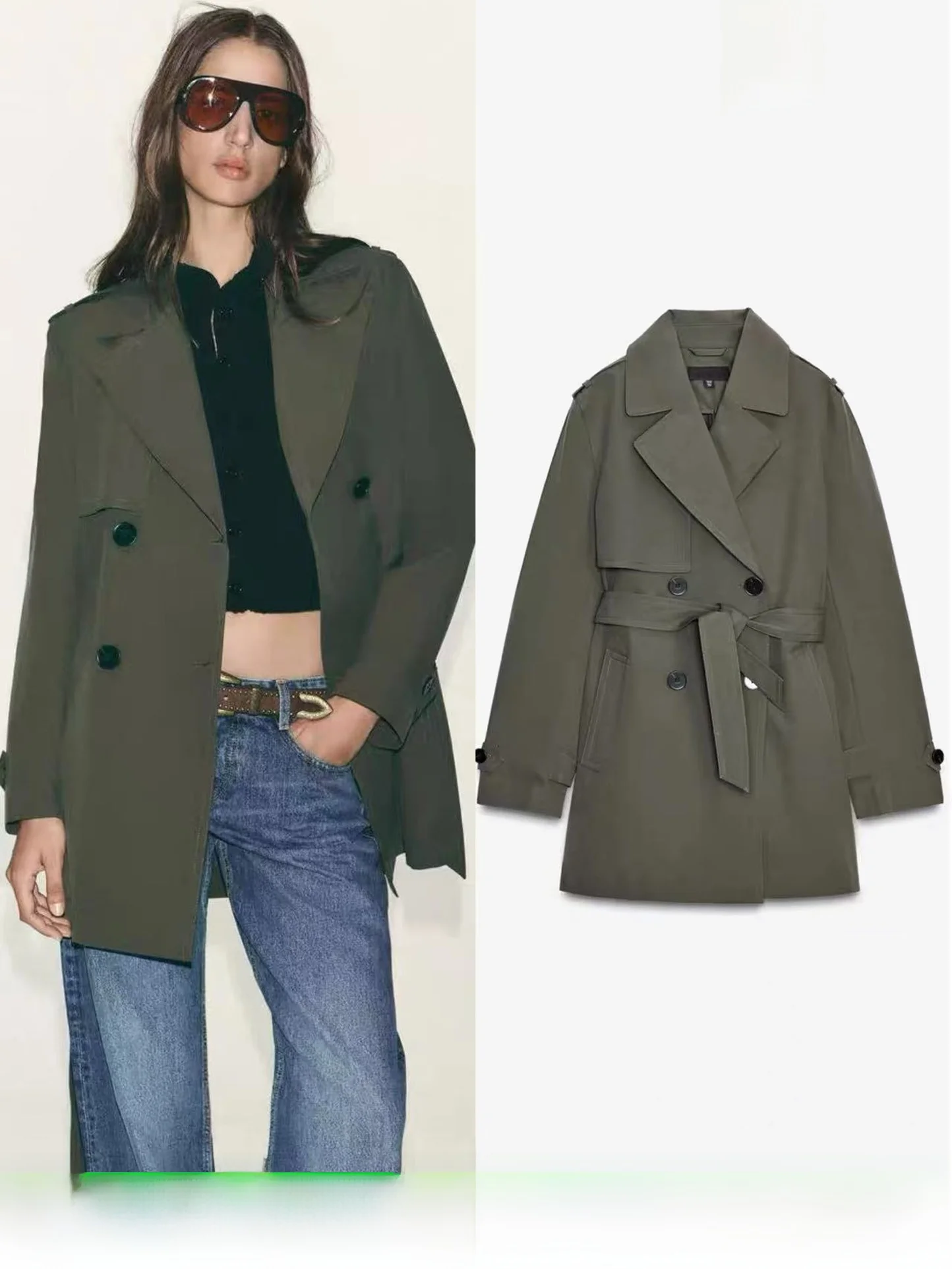 

New Autumn Women's Short Loose Casual Hydrophobic Windproof Double-breasted Jacket Coat Polyester Fiber Long Sleeve Regular Fit