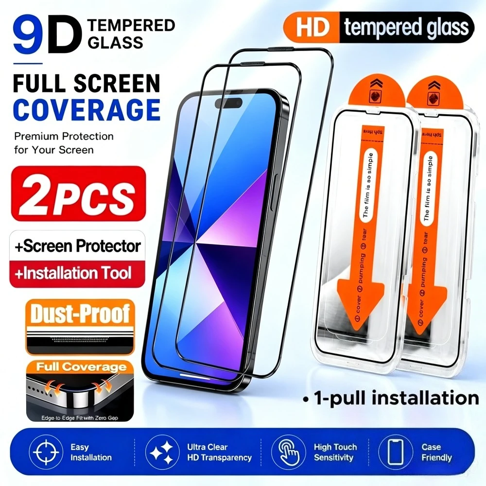

2Pcs Full Cover Screen Protector for iPhone 17 16 15 Pro Max Air 17e 16e 13 12 11 14 Pro 15 14 Plus One Click Installation Glass