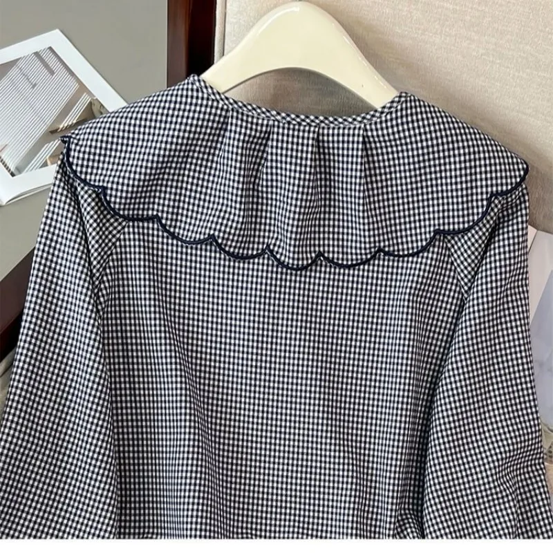 Women\'s Fashion Vintage Plaid Ruffles Lace Up Shirt Sweet Chic O Neck Long Sleeve Blouse Spring Autumn Casual Loose Tops Blusas