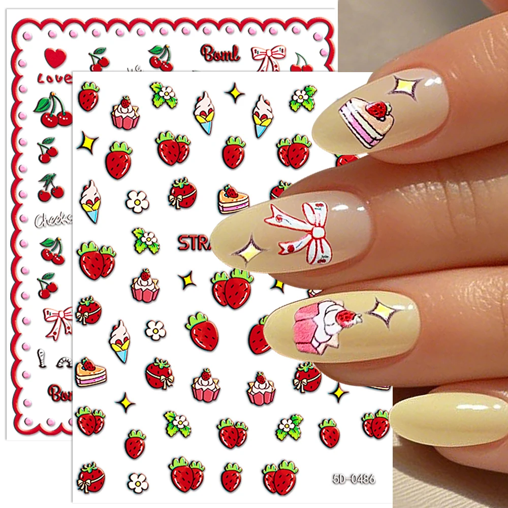 1Pc 5D Red Strawberry Cherry Nail Sticker Kawaii Summer Fruit Ice Cream Adhesive Decals Bow Cake Sliders DIY Manicure Decoration