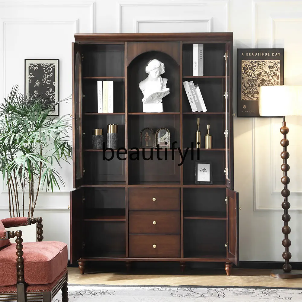 American solid wood bookcase household study storage cabinet glass door three door bookcase retro storage display cabinet