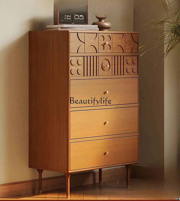 

Nordic Retro Style Solid Wood Carved Chest of Drawers Living Room Bedroom Antique Locker Storage