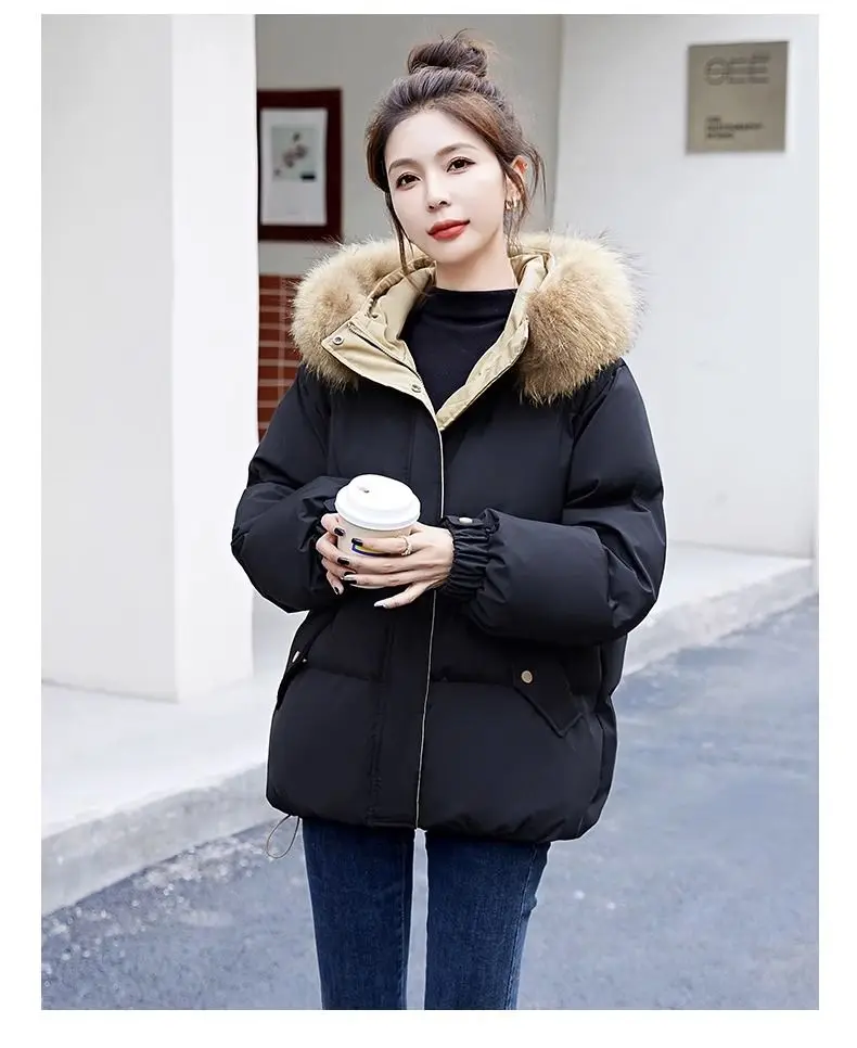 Down Cotton Jacket For Women Short Thickened 2026 Winter New Big Fur Collar Loose Cotton Coat Women's Warm Hooded Jackets Parker
