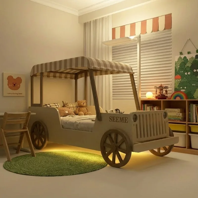 Lathe bed boy with guardrail, bedroom antique small apartment log boy's room tent bed