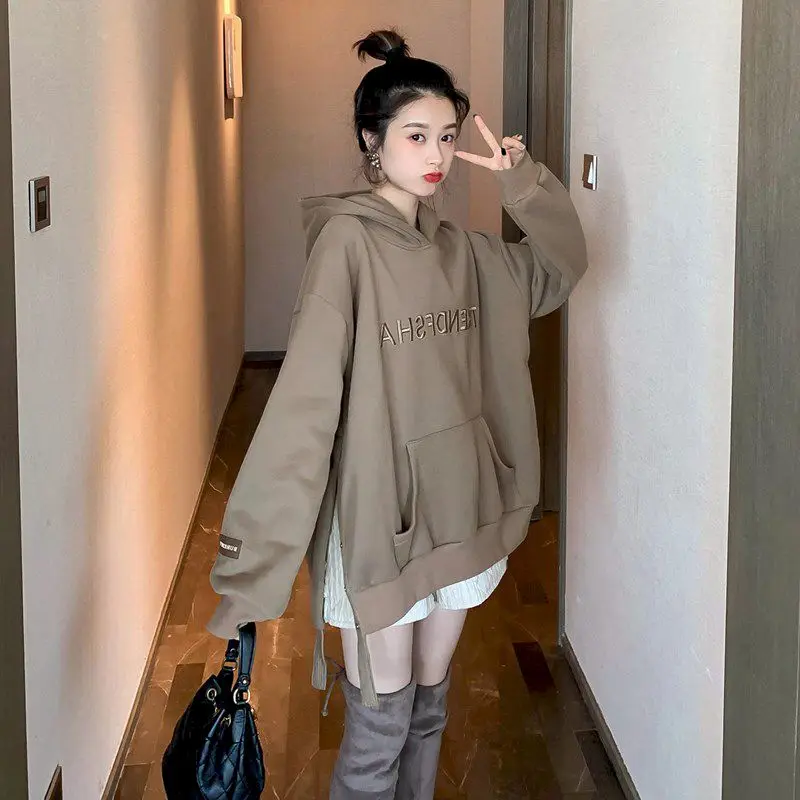 Fashion Hoodies Women Autumn Winter Trendy Plush Thicken Hooded Coats Casual Design Loose Hoodie Korean Style Split Hem Y2k Tops