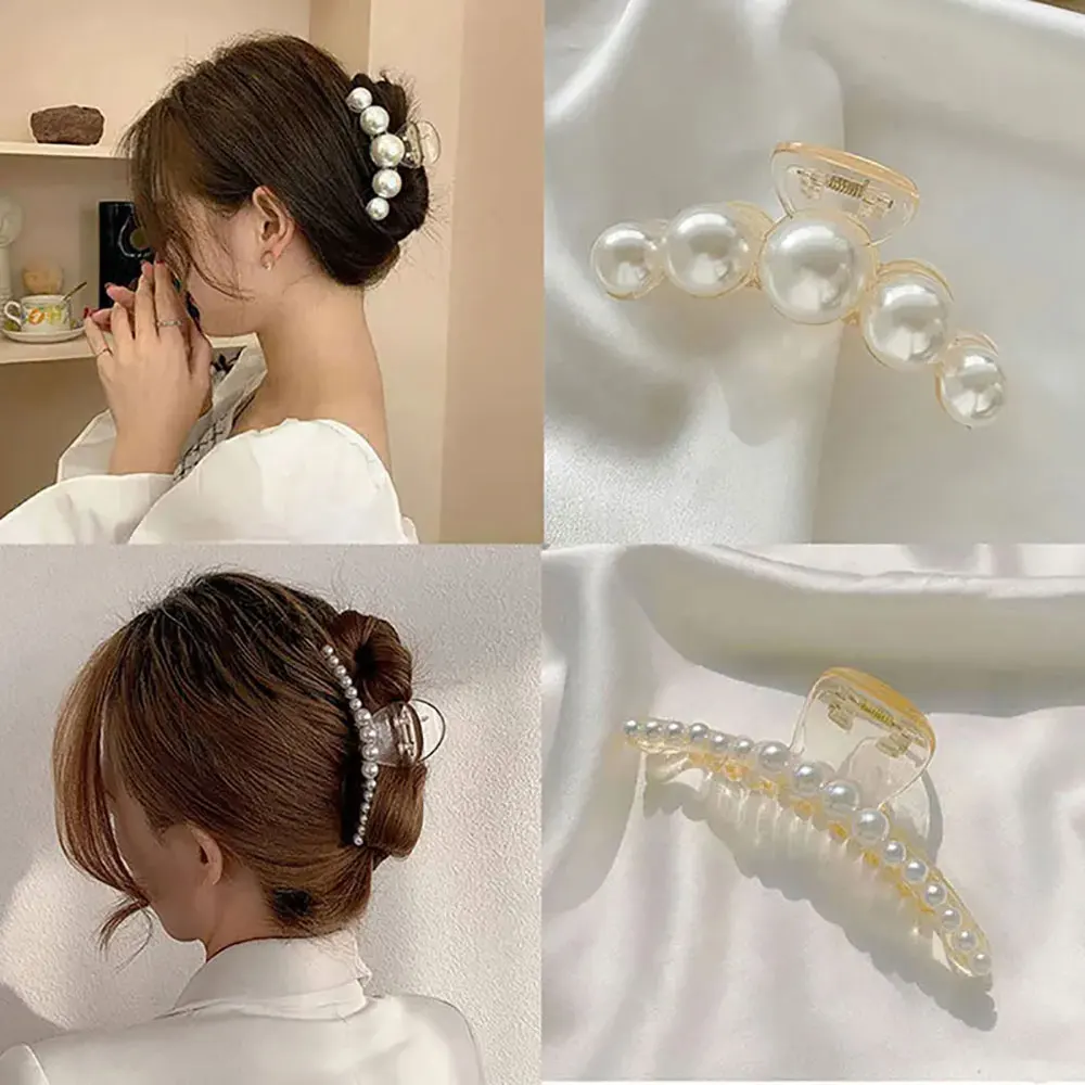 Pinzas para el pelo con perlas de cristal y diamantes de imitación brillantes para mujer y niña, horquillas de cangrejo de Metal geométrico, accesorios para el cabello