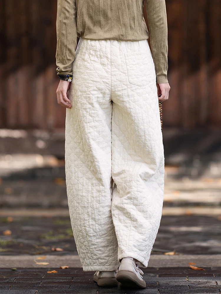 Women Quilted Linen Cotton Harem Pants Winter Warm Elastic Waist Wide Leg Baggy Trousers Chinese Style Loose Casual Pants M3038