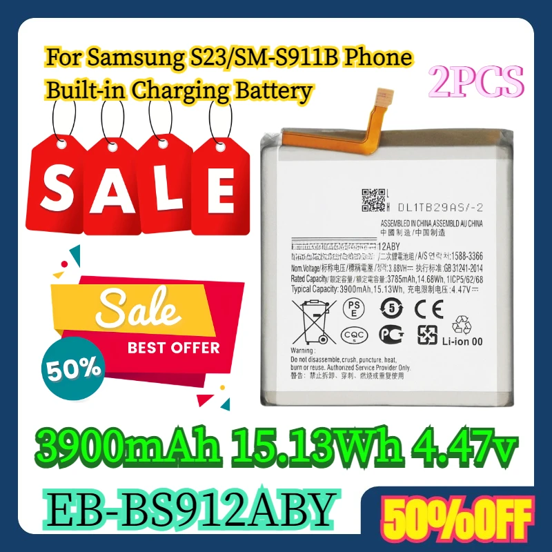 

2PCS 3900mAh 15.13Wh 4.47v For Samsung S23/SM-S911B EB-BS912ABY Phone Built-in Charging Battery