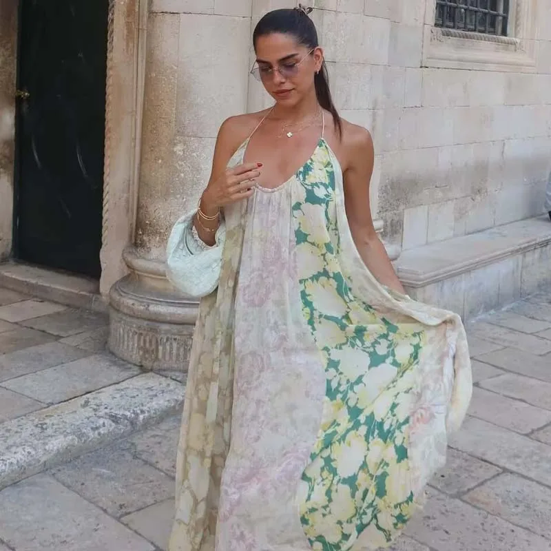 YENKYE Sexy Backless Patchwork Floral Print Dress Women O Neck Thin Straps Holiday Summer Beach Dresses Boho Maxi Vestidos