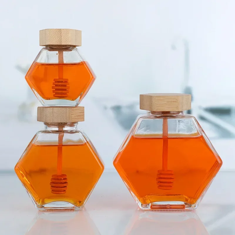 100ml/380ml Bamboo Wood Cover Hexagonal Glass Jar with Stirring Dipper Hexagon Honey Container 100ml Iron Cap Storage Bottle