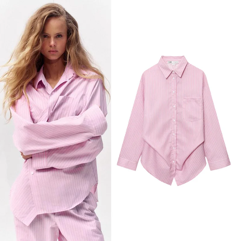 

TRAF Women Fashion Single Breasted Blouse Vintage Lapel Neck Long Sleeves Female Chic Lady Shirts