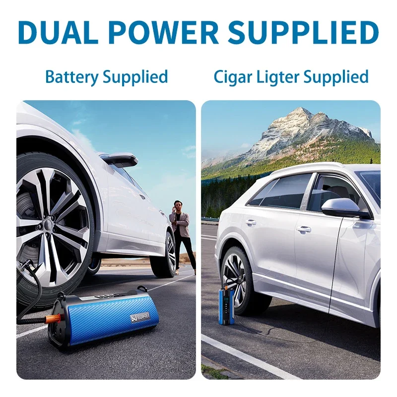 BUVAYE Car Air Compressor With Power Bank Wired&Wireless Dual Use Tire Inflator Portable 150PSI Electric Air Pump With LED Lamp