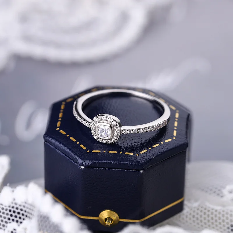 Delicate Four-Pronged Square Round Geometric Couple Ring For Women 100% Original Sterling Silver Valentine\'s Day Gift Jewelry