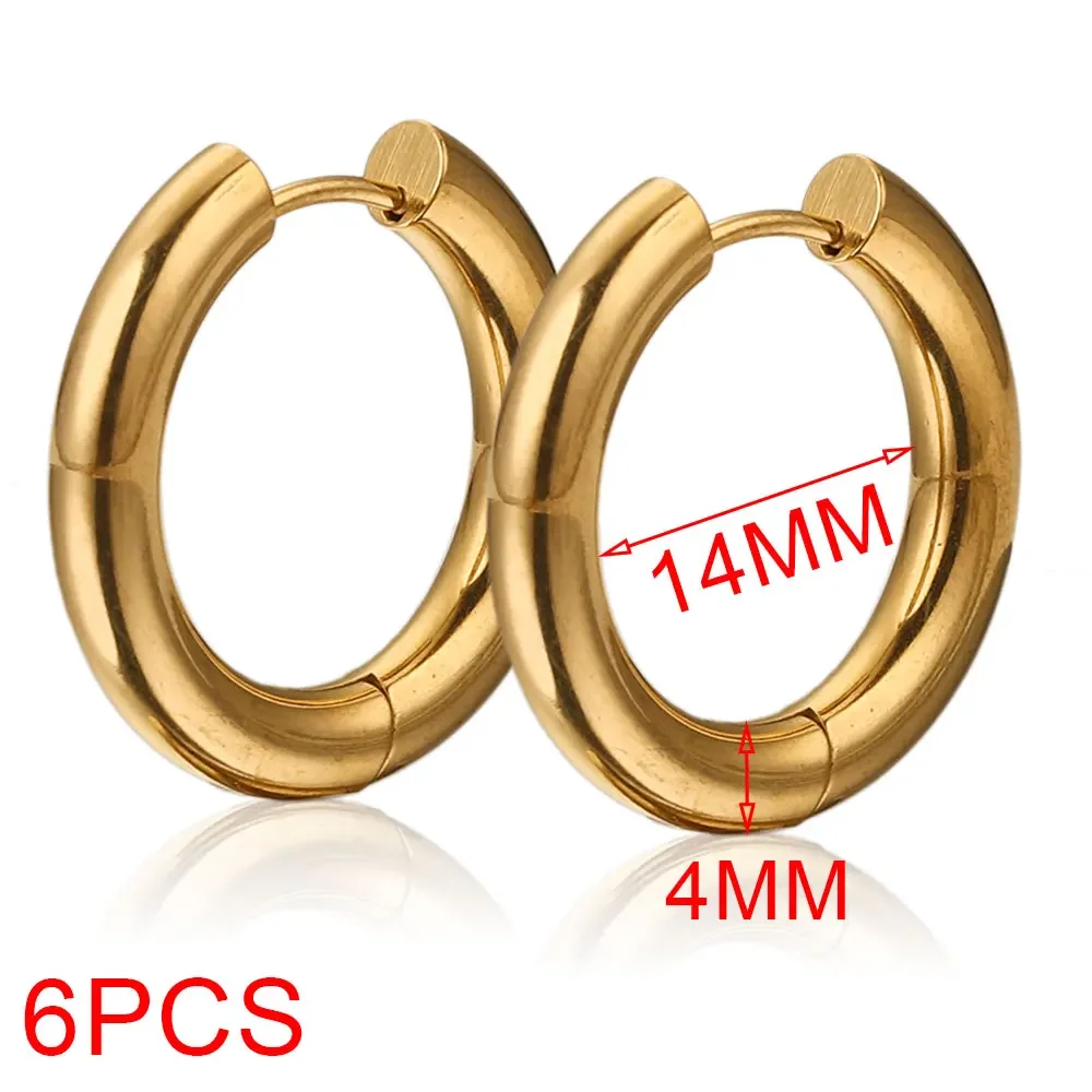 6 stücke Edelstahl 4mm Dicke Ohrringe Vergoldet Große Runde Koreanische Ohr Ringe Hoop Ohrring für Frauen Weibliche schmuck Luxus