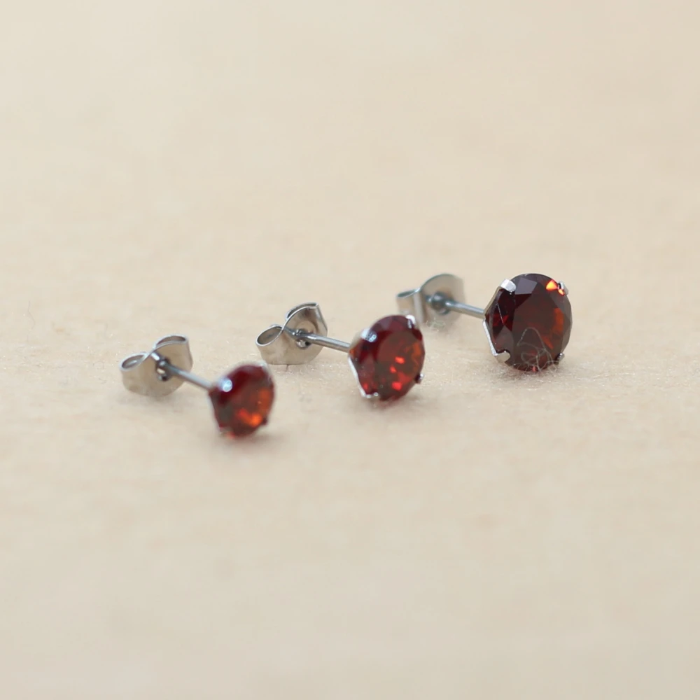 6 7 8mm Round Promegranate Red AAA Zircons Stainless Stell Stud Earrings Golden IP Plating No Fade Allergy Free