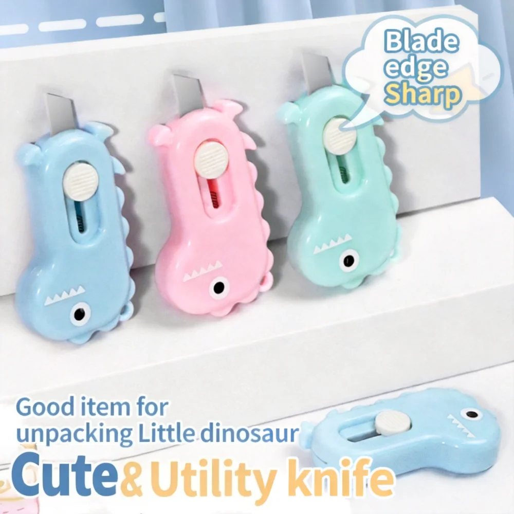 Милый-канцелярский-нож-в-форме-динозавра-мини-резак-для-коробок-с-автоматическим-выдвижением-лезвия-безопасный-для-офиса-и-школы-3-цвета