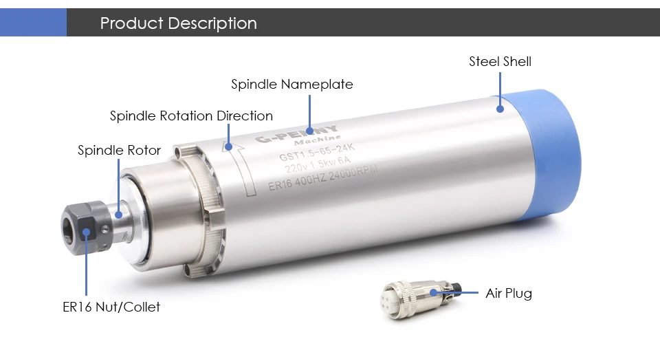 G-Penny 220V 1,5kW ER16 65mm luftgekühlter Spindelmotor 4 Stück Lager 400Hz 24000U/min für CNC-Holzbearbeitung – Detail 2