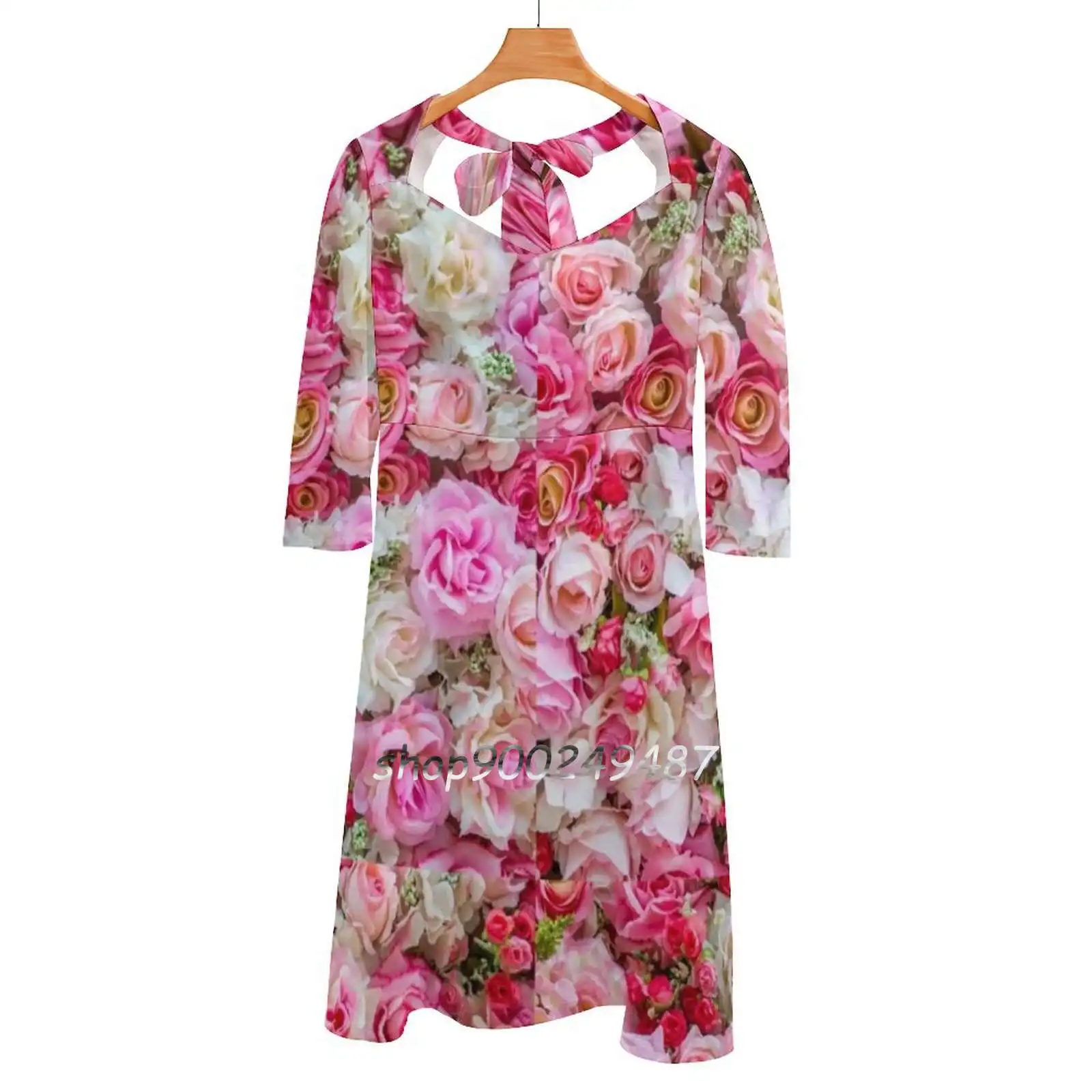 Pink & Red Roses Romantic Floral Sweetheart Knot Flared Dress Fashion Design Large Size Loose Dress Red Roses Blooming Blooming