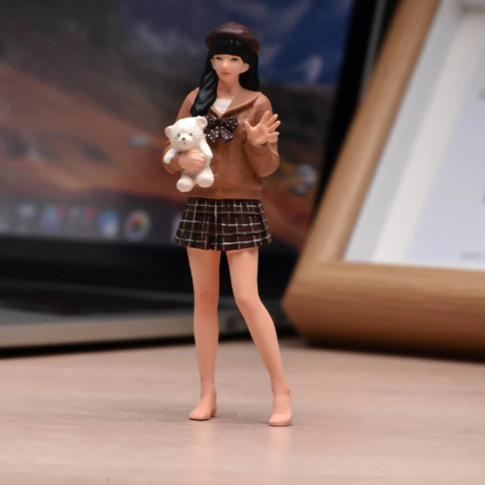 Miniature Girl Figurine Plaid Skirt Standing Girl Figurine Home Decor Teddy Bear Micro Scene for Dioramas