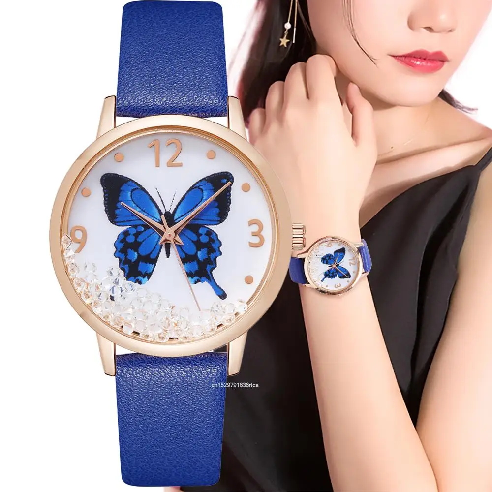 Luxury 2022 Lady Brands Watches Fashion Crystal Blue Butterfly Women Quartz Watch Leisure Leather Strap Female Clock Gifts