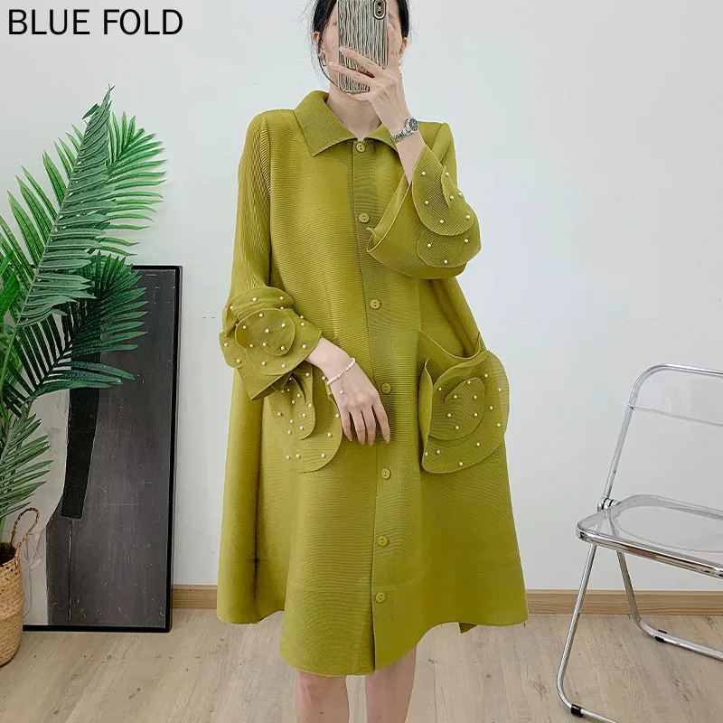 

MIYAKE Pleated Fashion Cardigan 2024 Spring New Women's Bead Printed A-Type Loose Lapel Jacket for Women Trench Coat Elegant