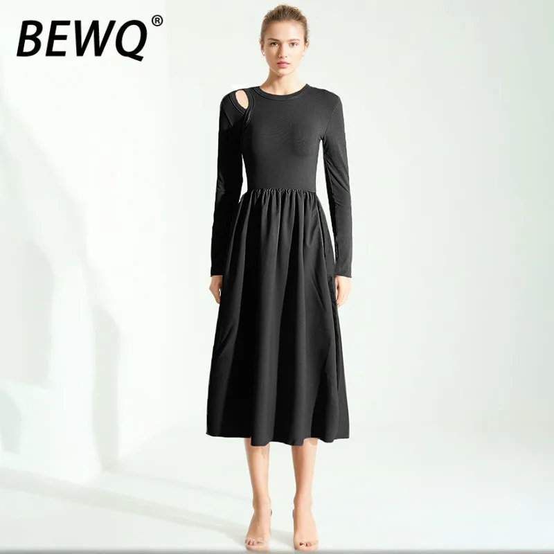 

Модное женское элегантное платье BEWQ с круглым вырезом, длинным рукавом, ажурной вязкой, однотонное, с завышенной талией, для вечерних мероприятий, весна 2026, новинка