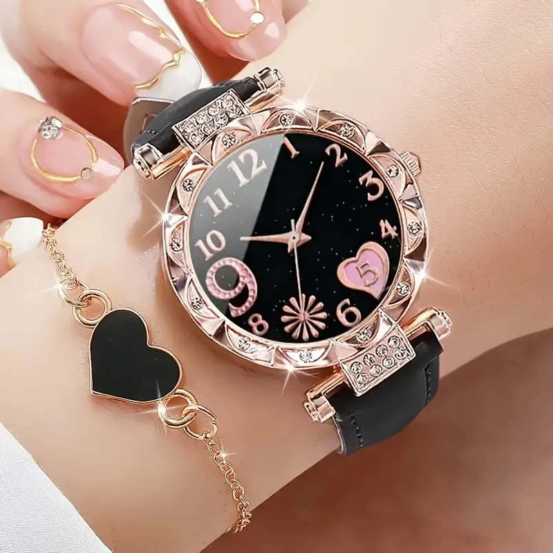 2pcs/set Elegant Round Digital Quartz Watch+Bracelet, Precise Electronic Movement, Women's Watch Set