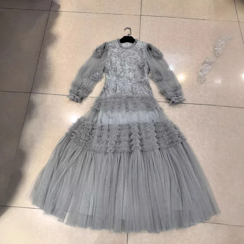 HKSH Frauen Frühjahr Neue Schwere Nagel Perle Pailletten Mesh Splice Langarm Temperament Flauschigen Kleid Overall Chic Elegante Rock HK4803