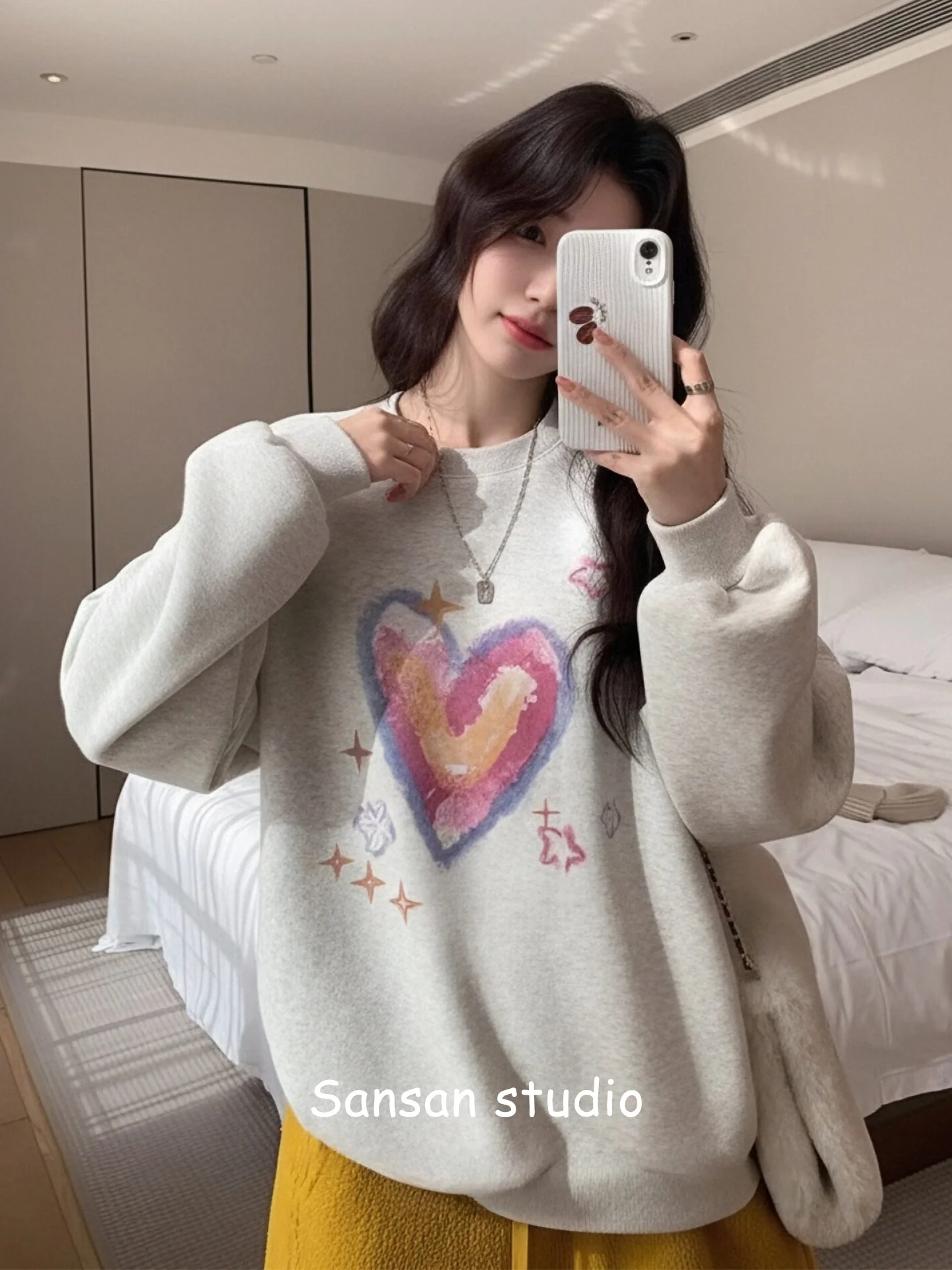 

Oversize round Ne Sweatirt Women Early Spring Wear Love Print Heavy Long Sve Loose Slimming Top Trendy Streetwear
