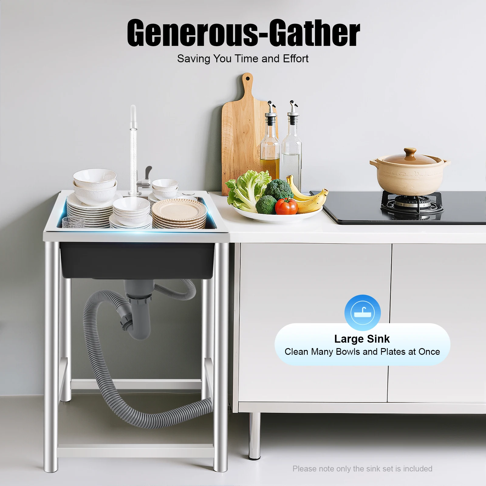 

Freestanding Stainless Steel Sink with Faucet, Single Bowl Utility Sink, Commercial Kitchen Sink with Drainer for Garage Laundry