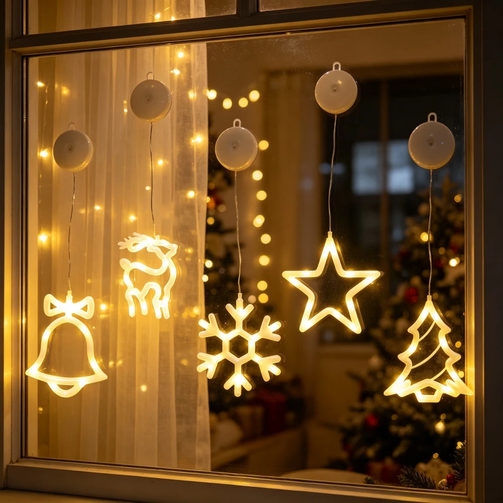 5 Shapes Battery Powered LED White Suction Cup Light, Warm Glow Decoration For Indoor Christmas Windows, Holiday Party Lighting