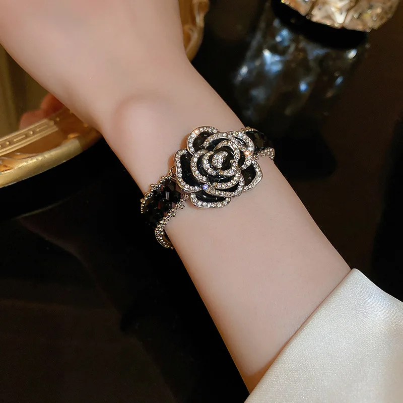 Luxury Brand Crystal Camellia Bracelets for Women Party Dress Jewelry Accessories Vinatage Charm Rhinestone Bracelet Gifts