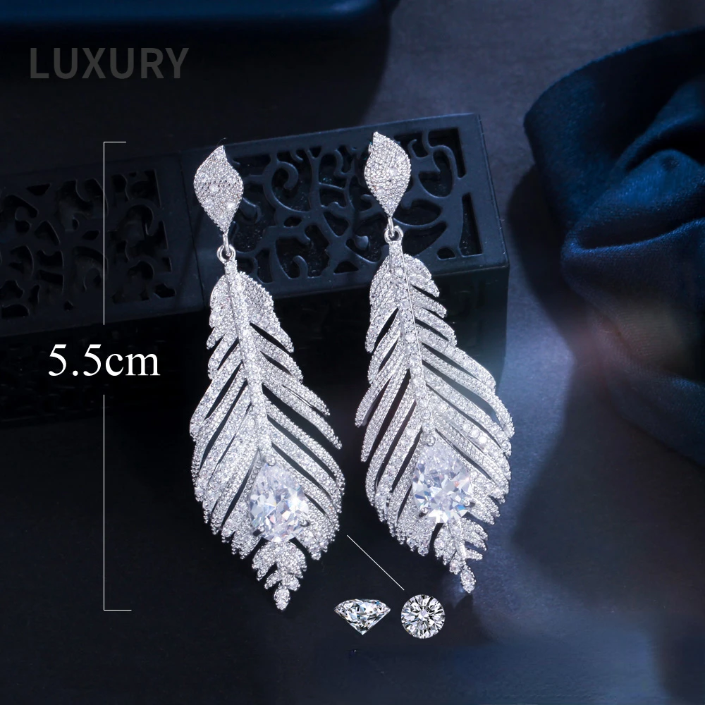 

Luxury Trend Designer Cubic AAA Zircon Long Dangle Feather Earrings for Women Engagement Party Wedding Jewelry Gift