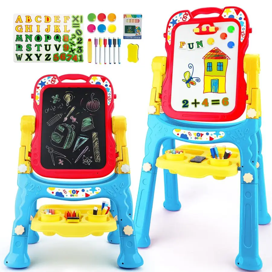 

Large Art Easel for Kids, DoubleSided 4In1 Toddler Easel with Rotable Magnetic Chalkboard amp White Drawing Board, Height Adjust