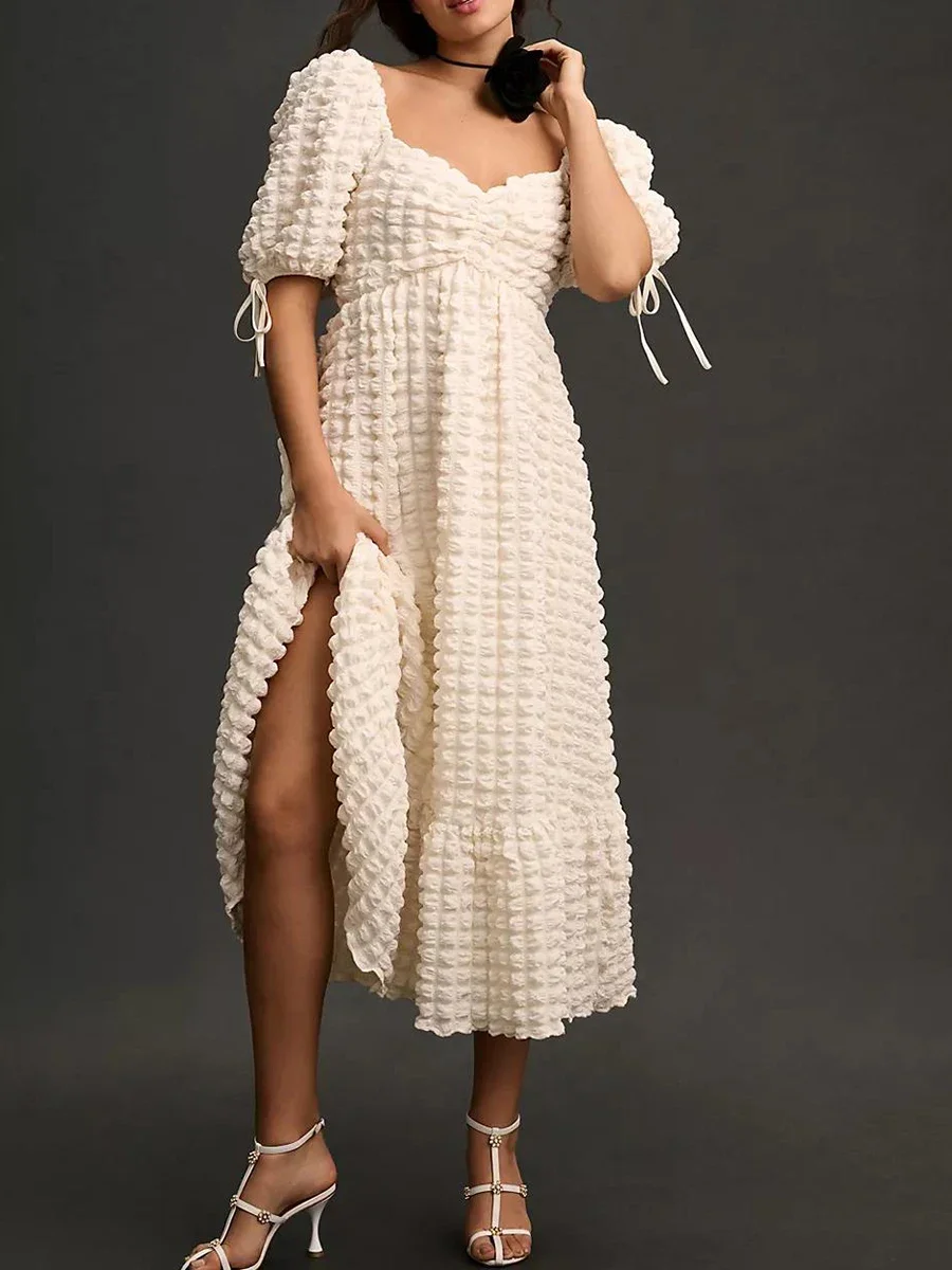 Women luxury Puff Sleeve Midi Dress Bubble Textured Smocked Sweetheart Neck Ruffled Flowy Dress vestidos