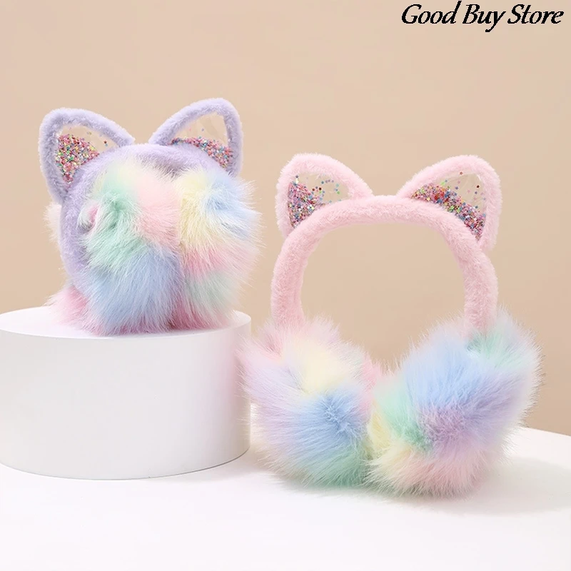 Winter Plush Earmuffs Shiny Sequins Earflaps Foldable Warm Ear Muffs Rainbow Color Outdoor Skiing Ear Protection Soft Furry