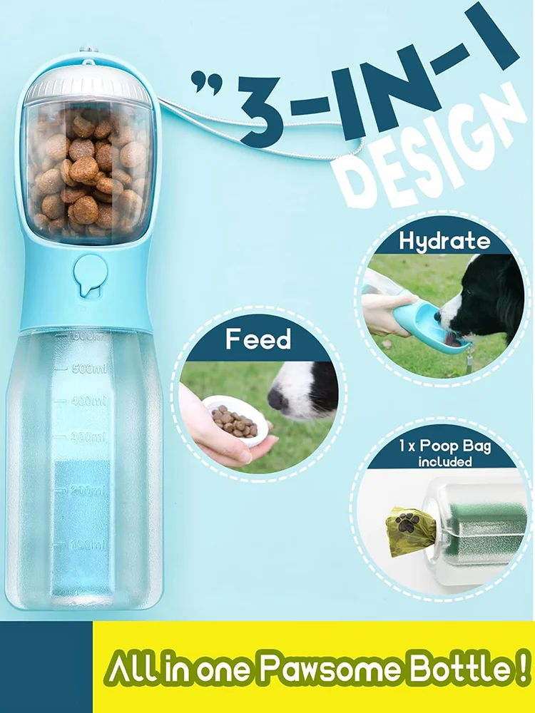 Многофункциональная бутылка для воды для домашних животных 3-в-1, портативная дорожная кормушка с коробкой для еды, фильтр для мешка для кормления, герметичный и без BPA для собак/кошек Многофункциональная бутылка для воды для домашних животных 3-в-1, портативная дорожная кормушка с коробкой для еды, фильтр для мешка для кормления, герметичный и без BPA для собак/кошек